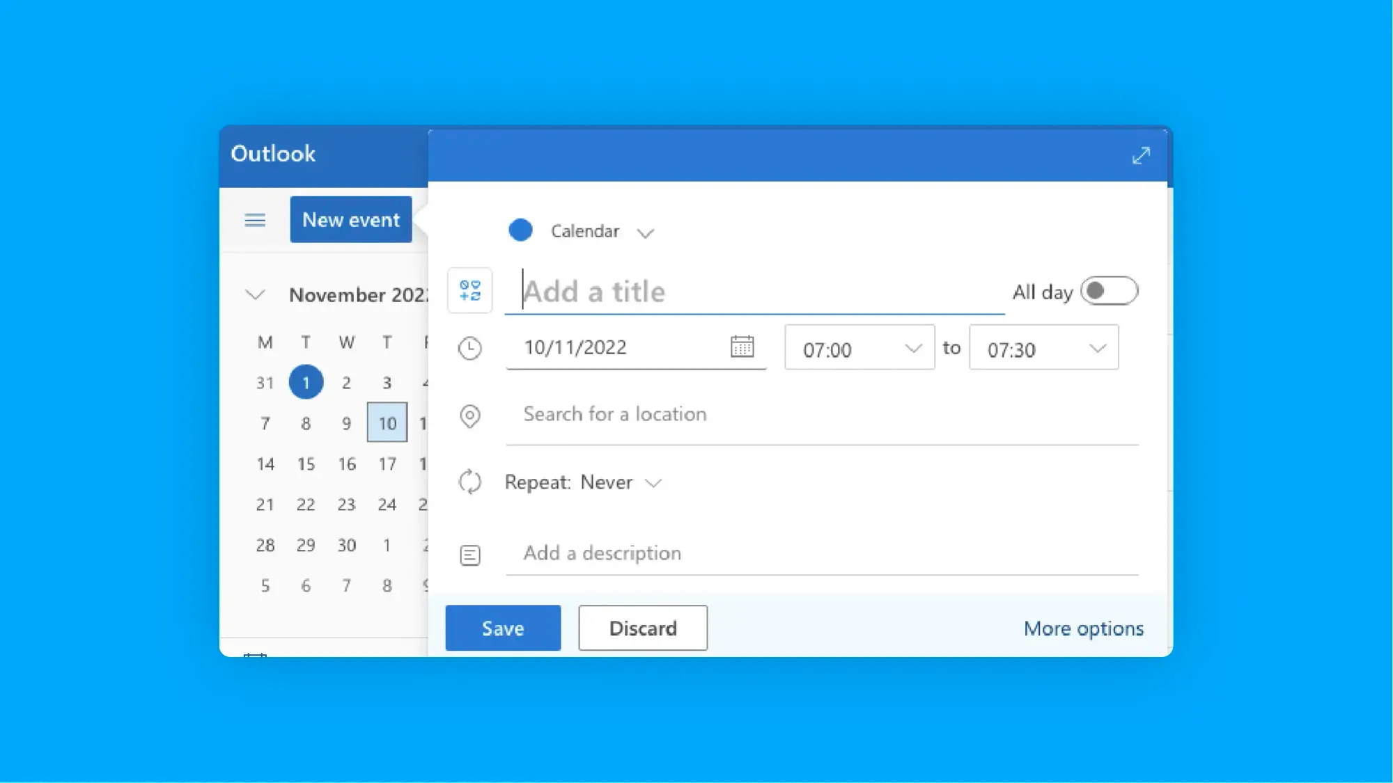 Screenshot of Outlook calendar: create a meeting view