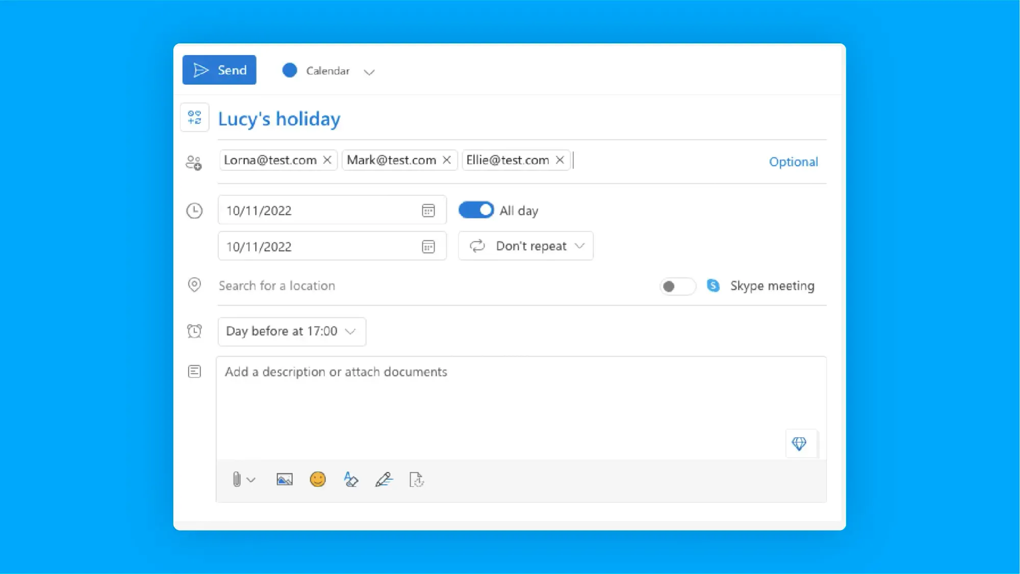 Screenshot of Outlook calendar: fill in your meeting details