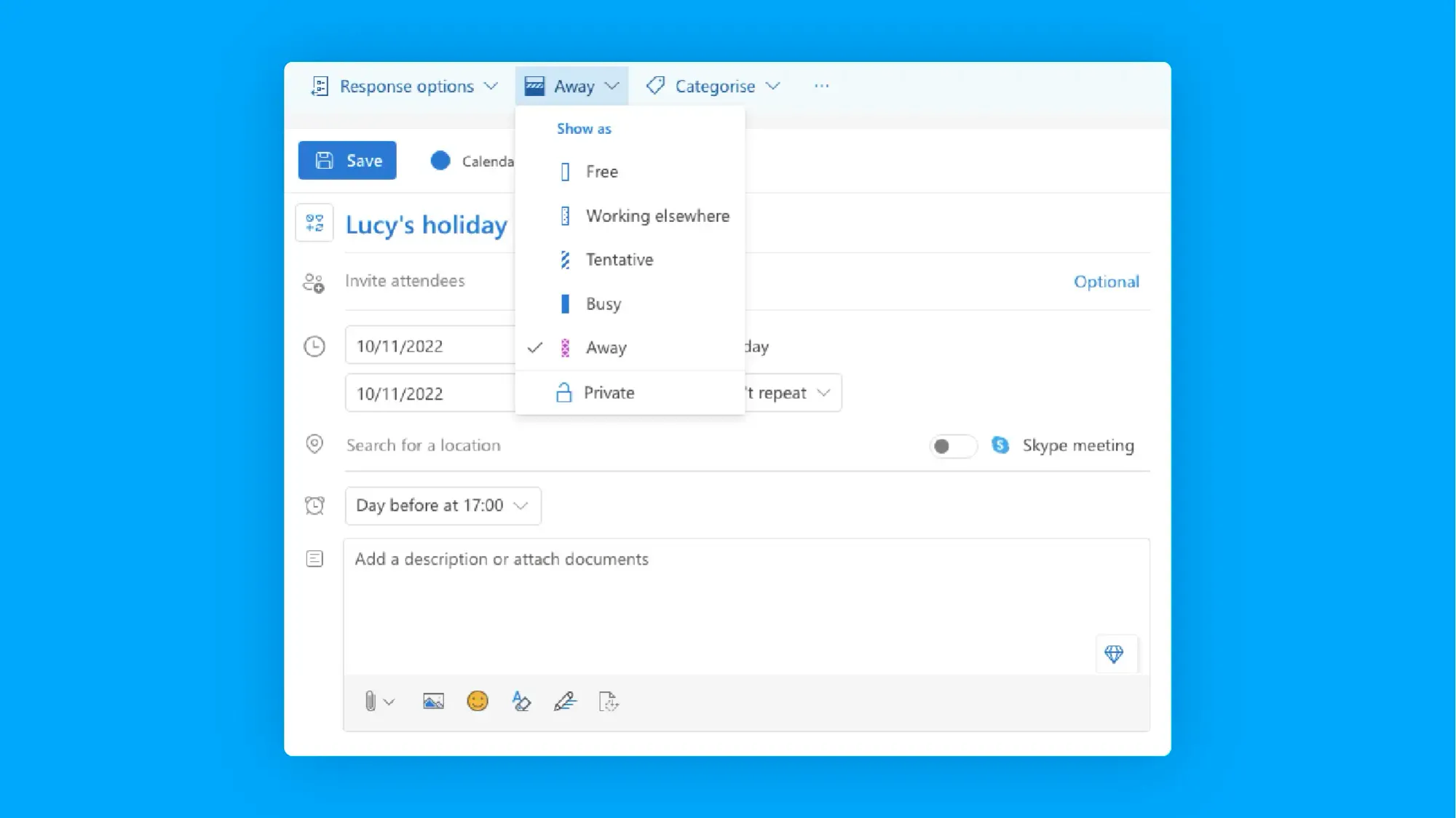 Screenshot of Outlook calendar: set yourself as away