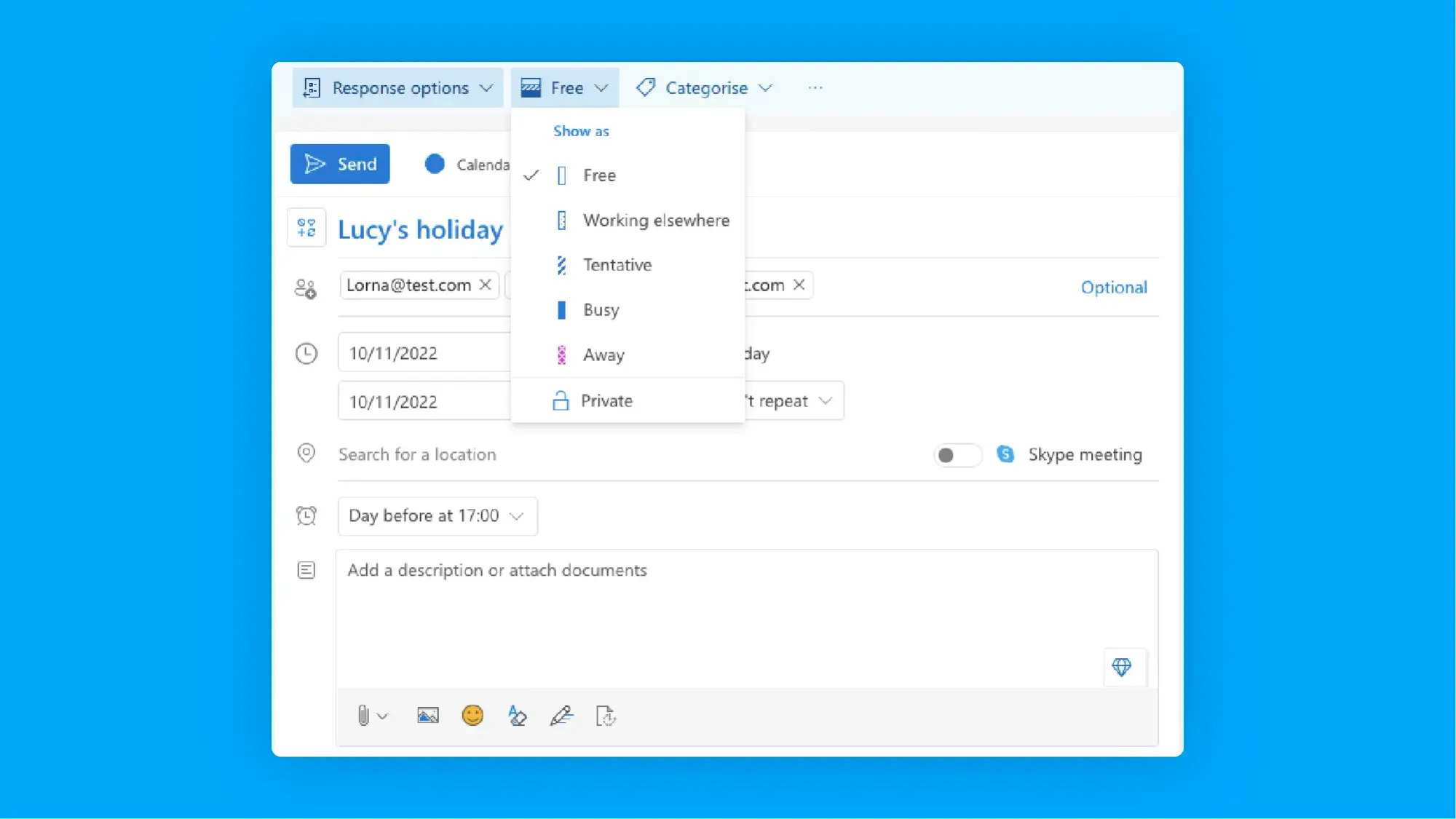 Screenshot of Outlook calendar: set yourself as free