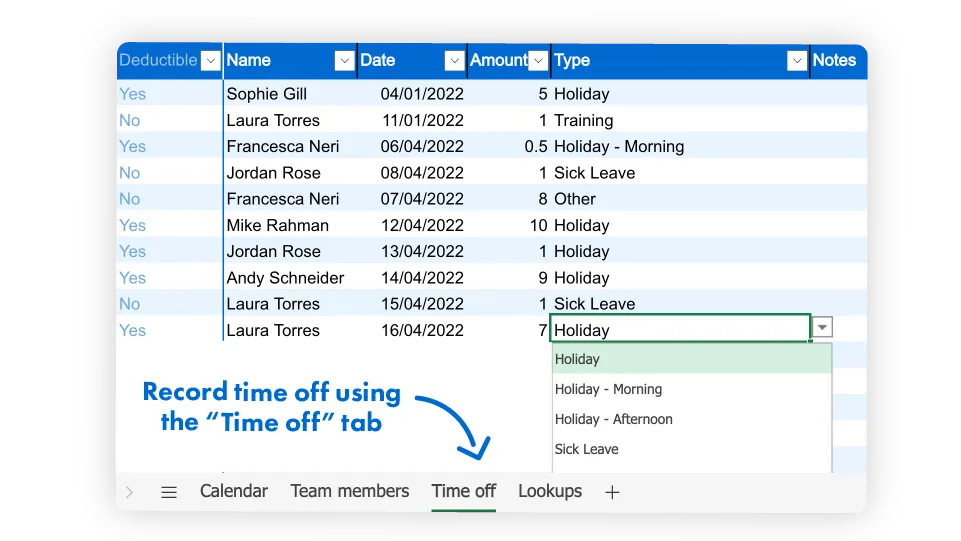 record time off using the time off tab on excel holiday tracker