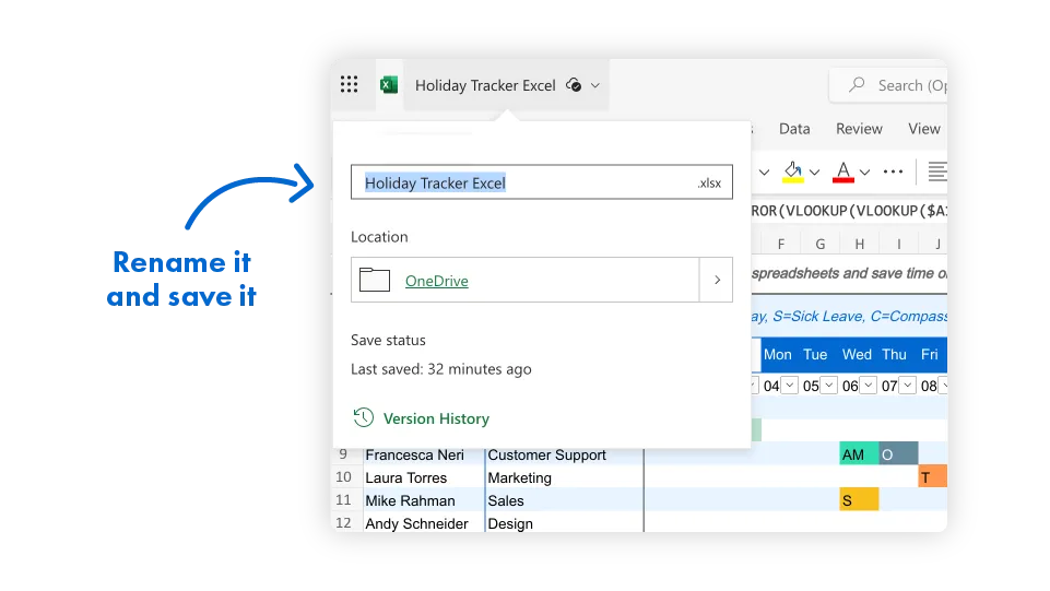 rename and save the holiday excel tracker
