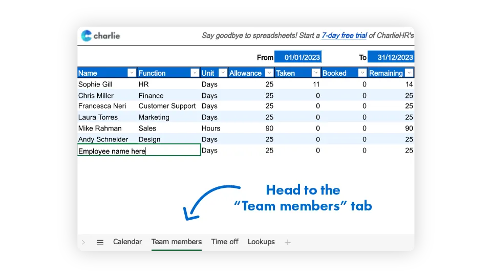 head to team member's tab and rename on excel holiday tracker