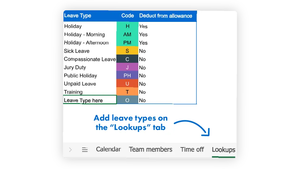 add leave types on excel holiday tracker