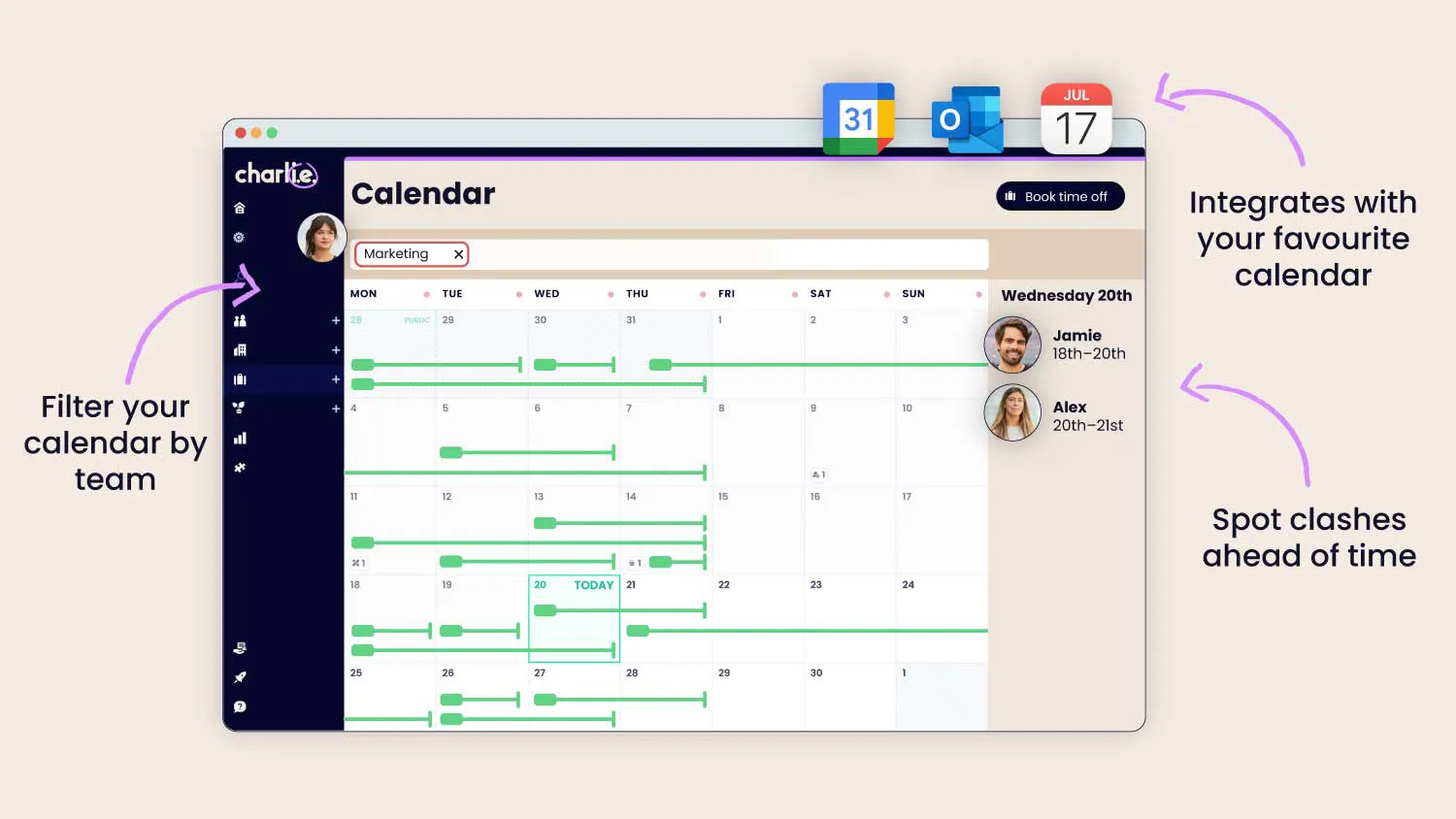 Use your company calendar in Charlie to have full visibility on who's off