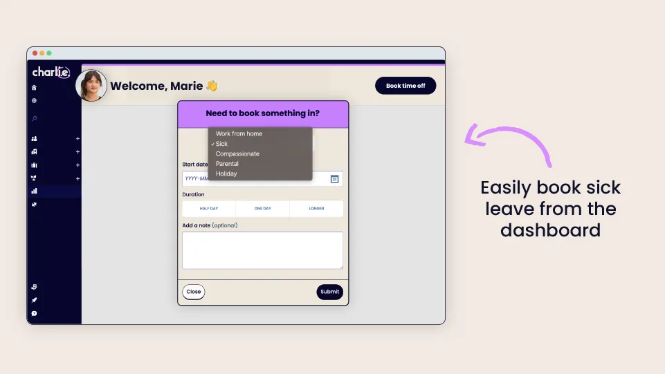 Easily track and book sick leave using Charlie's HR software